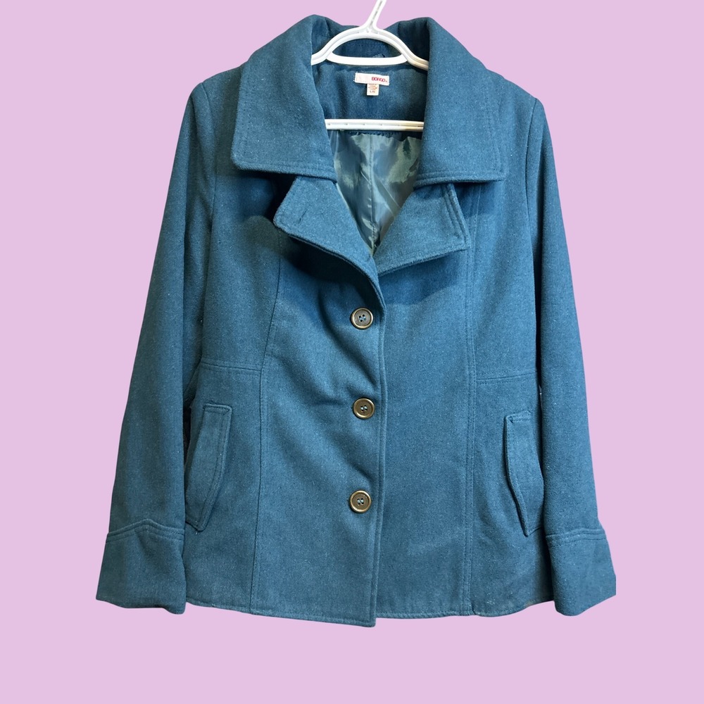 Bongo Coat Women Large Teal Blue Peacoat Classic Notched Lapel Lined Jacket